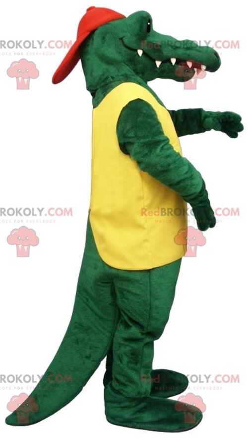 Green crocodile REDBROKOLY mascot in yellow and red outfit , REDBROKO__0662