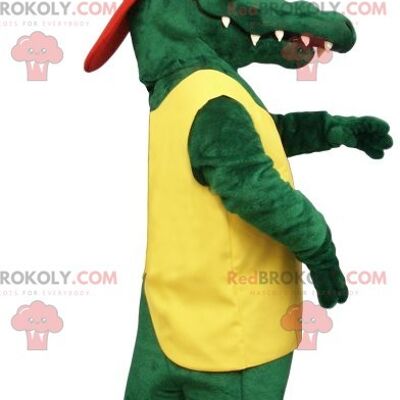 Green crocodile REDBROKOLY mascot in yellow and red outfit , REDBROKO__0662