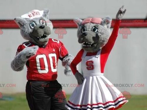 2 gray wolf REDBROKOLY mascots dressed in red and white , REDBROKO__0664