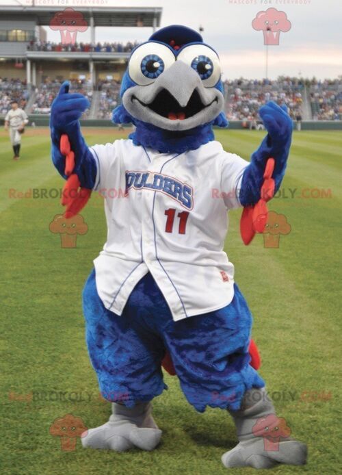 Blue and red bird REDBROKOLY mascot in white outfit , REDBROKO__0702