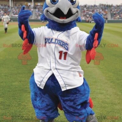 Blue and red bird REDBROKOLY mascot in white outfit , REDBROKO__0702