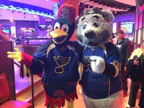 2 REDBROKOLY mascots: a gray bear and a black red and yellow bird , REDBROKO__0721