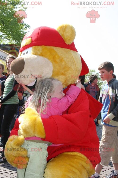 Big yellow and red bear REDBROKOLY mascot with a cap , REDBROKO__0728