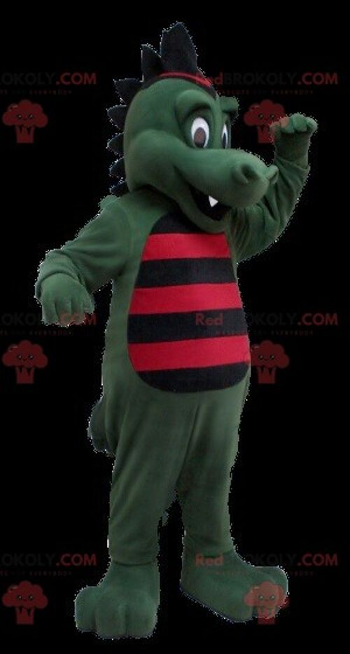 Green crocodile dinosaur REDBROKOLY mascot striped with black and red , REDBROKO__0740