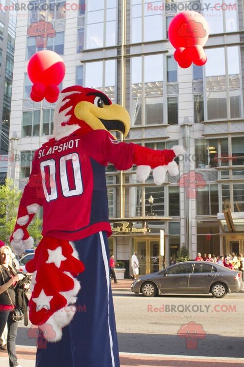 Proud red and white eagle REDBROKOLY mascot in blue and red outfit , REDBROKO__0742