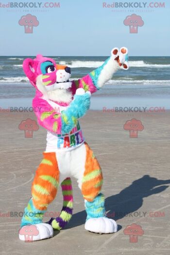 Mascotte de tigresse lionne rose REDBROKOLY pleine de couleurs fluo, REDBROKO__0766