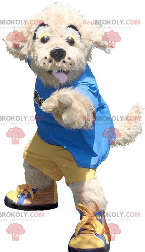 Beige dog REDBROKOLY mascot in yellow and blue outfit , REDBROKO__0784