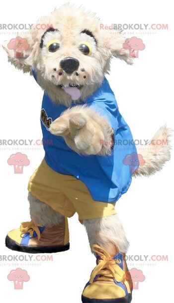 Mascotte de chien beige REDBROKOLY en tenue jaune et bleue, REDBROKO__0784