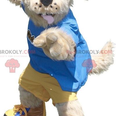 Beige dog REDBROKOLY mascot in yellow and blue outfit , REDBROKO__0784