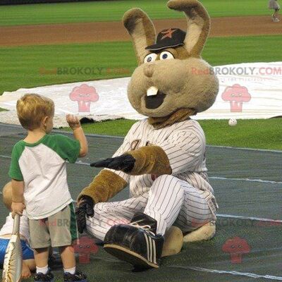 Giant brown rabbit REDBROKOLY mascot in baseball outfit , REDBROKO__0824