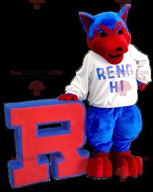 Blue and red wolf dog REDBROKOLY mascot , REDBROKO__0845
