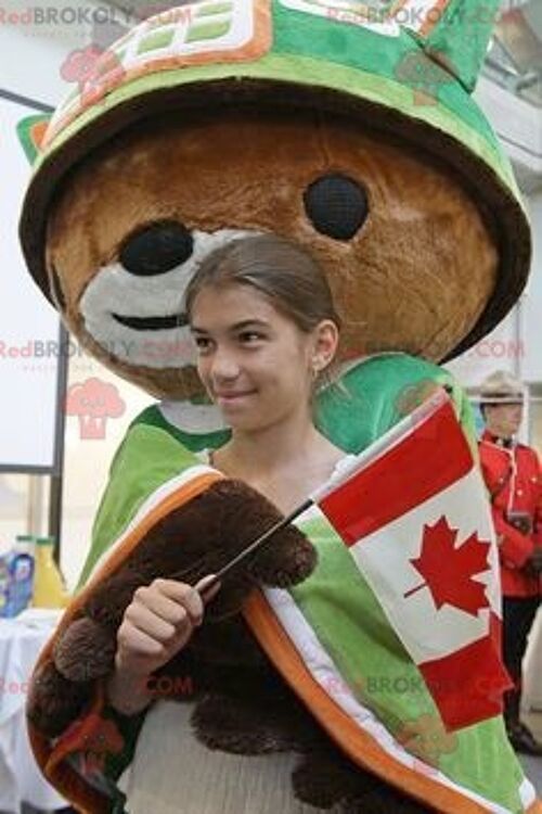 Brown bear REDBROKOLY mascot with a cape and a green helmet , REDBROKO__0885