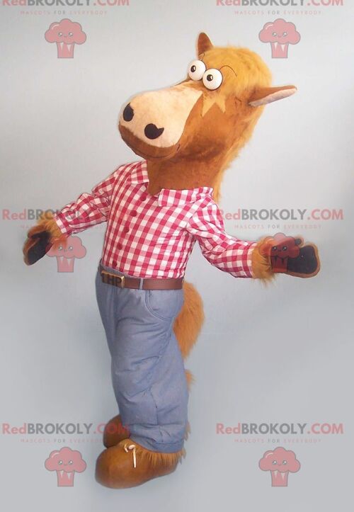 Brown horse REDBROKOLY mascot with a plaid shirt and jeans , REDBROKO__0919