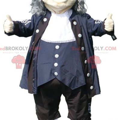 Mascotte REDBROKOLY de vieil homme en tenue noir bleu et blanc, REDBROKO__0954