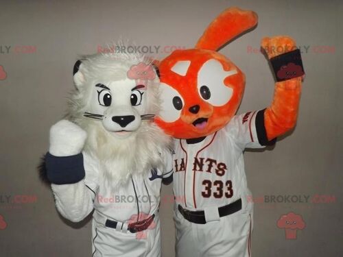 2 REDBROKOLY mascots: a white lion and an orange rabbit , REDBROKO__0966