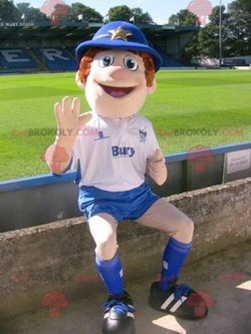 Policeman boy REDBROKOLY mascot in blue and white outfit , REDBROKO__0972