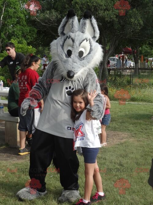 Gray and white wolf REDBROKOLY mascot in sportswear , REDBROKO__0987