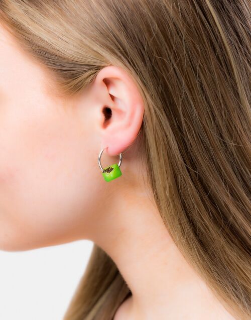 Cubo Maxi Silver Hoop Earrings - Lime Green