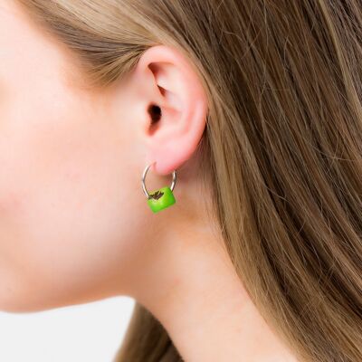 Cubo Maxi Silver Hoop Earrings - Lime Green