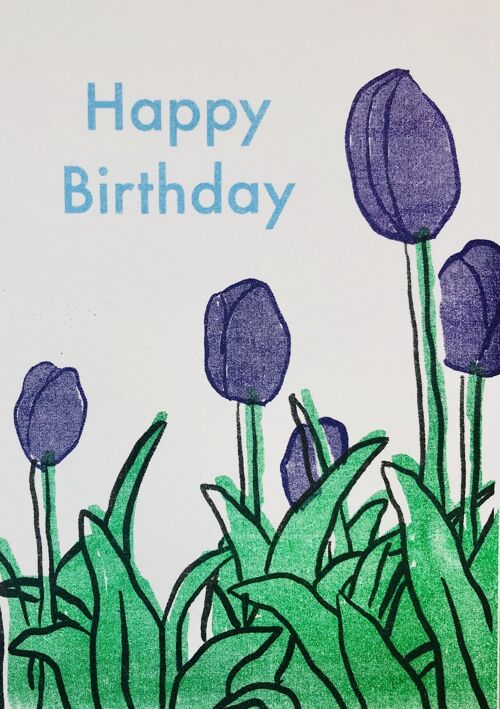 Card Happy Birthday purple tulips