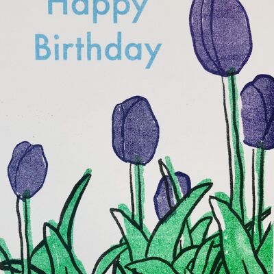 Carte Happy Birthday tulipes violettes