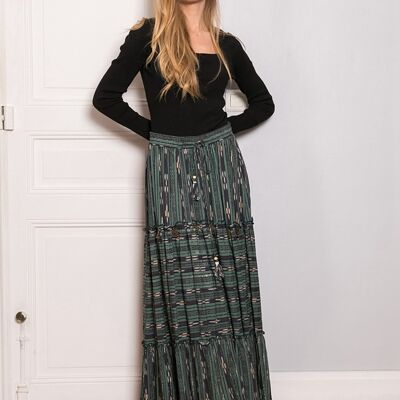 Long skirt printed with LUREX, embroidered with sequins and tightenable with cord