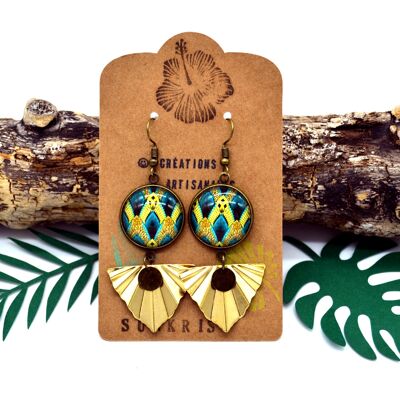 Ethnic earrings feather patterns wax blue yellow golden jewelry woman glass cabochon