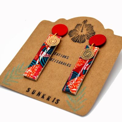 Boucles d'oreille en bois rectangulaires papier et résine wax africain rouge bleu or