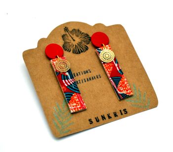 Boucles d'oreille en bois rectangulaires papier et résine wax africain rouge bleu or 4