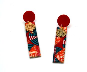 Boucles d'oreille en bois rectangulaires papier et résine wax africain rouge bleu or 6