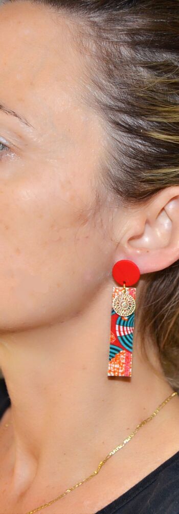 Boucles d'oreille en bois rectangulaires papier et résine wax africain rouge bleu or 8