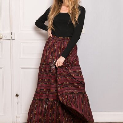 Long skirt printed with LUREX, embroidered with sequins and tightenable with cord
