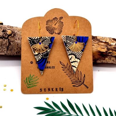 Pendientes triangulo etnico papel resina cera flor africana azul dorado con oro fino