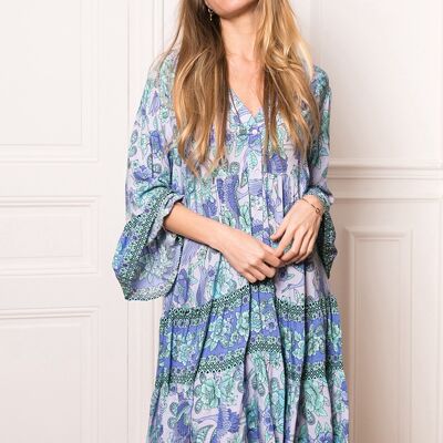 Tunika-Hemdkleid mit V-Ausschnitt, Bohemian-Print