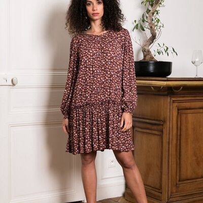 Short button-front printed tunic shirt dress with round neck