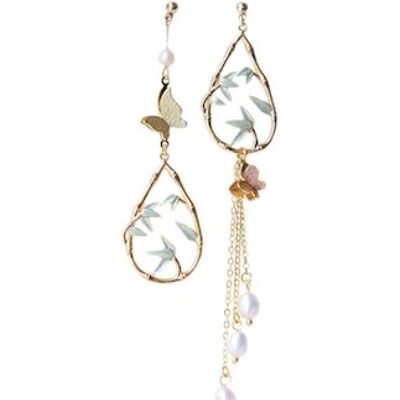 Asymmetric Butterfly and Bamboo with Pearls Earrings