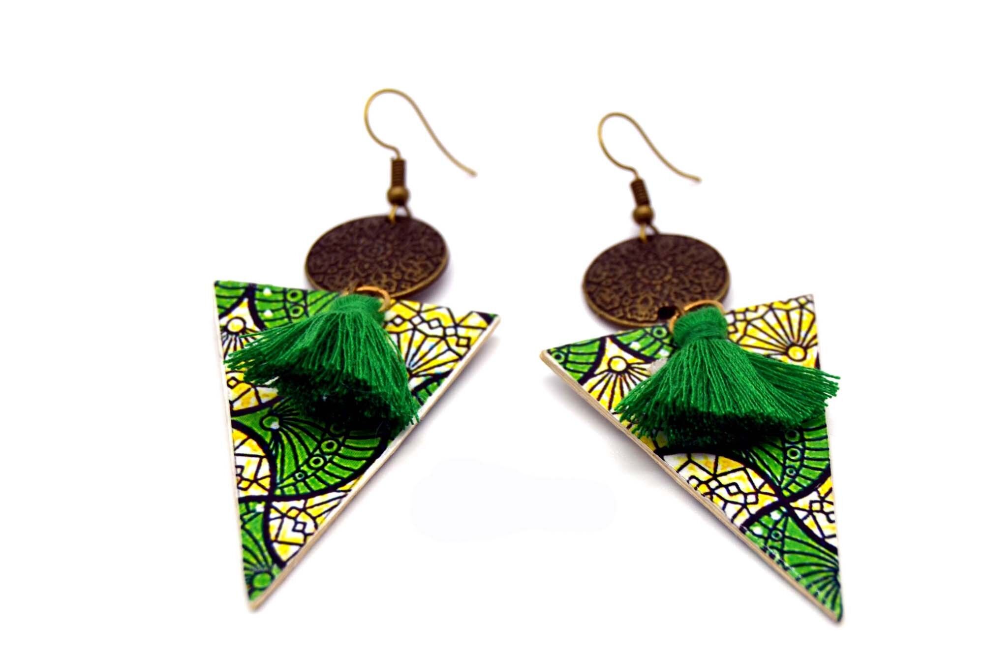 Yellow green and bronze wax triangle earrings with pompom
