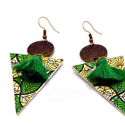 Dreieckige Ohrringe aus gelbgrünem und bronzefarbenem Wachs mit Bommel