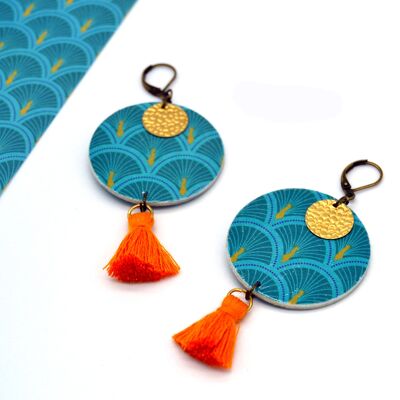 Dormeuses earrings peacock blue gold orange pompoms exotic jewel original resin scrapbooking paper