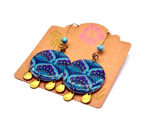 Boucles d'oreilles ethniques motifs fleurs Indienne bleu, turquoise et sequins gouttes bronze