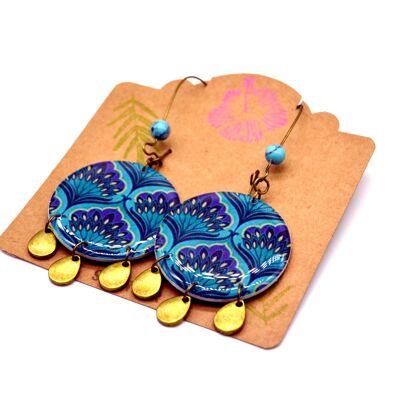 Ethnic earrings with blue Indian flower patterns, turquoise and bronze drop sequins