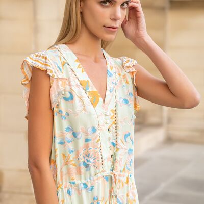 Robe longue à imprimé fleurie boutonnée devant et col V