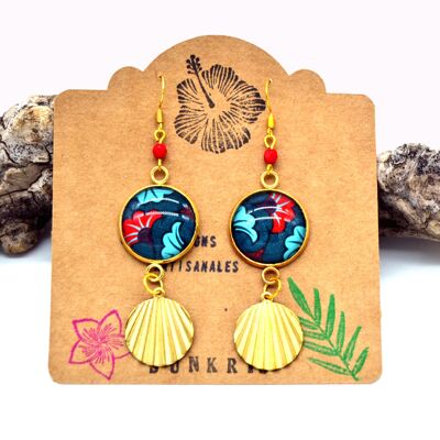 Ethnic wax earrings red and blue ginkgo flowers golden jewelry woman glass cabochon