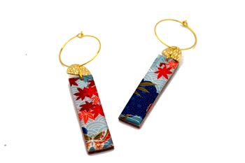 Boucles d'oreilles résine et bois rectangle papier japonais érable or rouge bleu 4