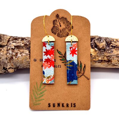 Earrings resin and wood rectangle Japanese paper maple gold red blue