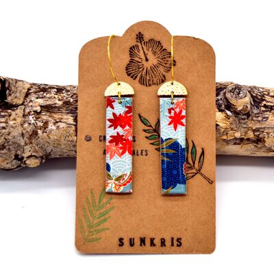 Earrings resin and wood rectangle Japanese paper maple gold red blue