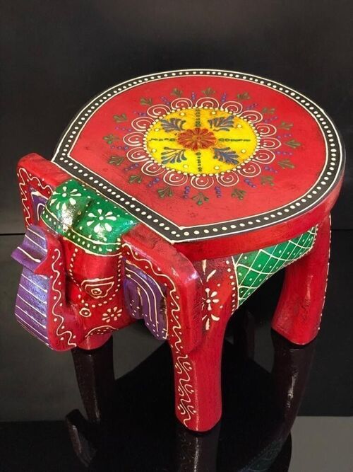 Wooden hand crafted & hand painted beautiful elephant shape decorative stool – 8″ red & yellow