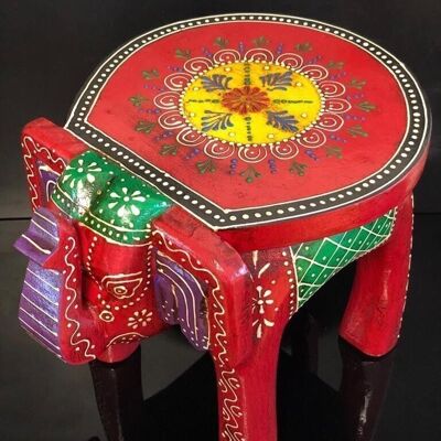 BEAU TABOURET DÉCORATIF EN FORME D'ÉLÉPHANT EN BOIS FABRIQUÉ À LA MAIN ET PEINT À LA MAIN - 8″ ROUGE ET JAUNE