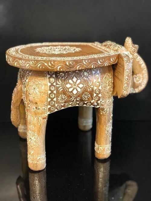 Wooden hand crafted & hand painted beautiful elephant shape decorative stool – 8″ natural