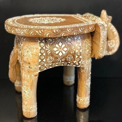 Wooden hand crafted & hand painted beautiful elephant shape decorative stool – 8″ natural